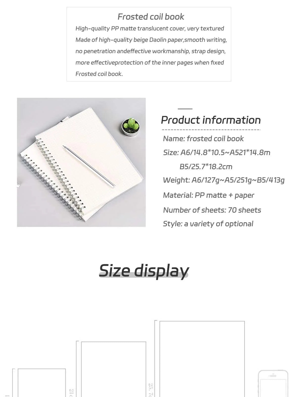 B5/A5/A6 Coil Notebook 80 Pages Matte Cover Horizontal Line Square Hand Ledger Thickened Paper School Office Supplies Stationery