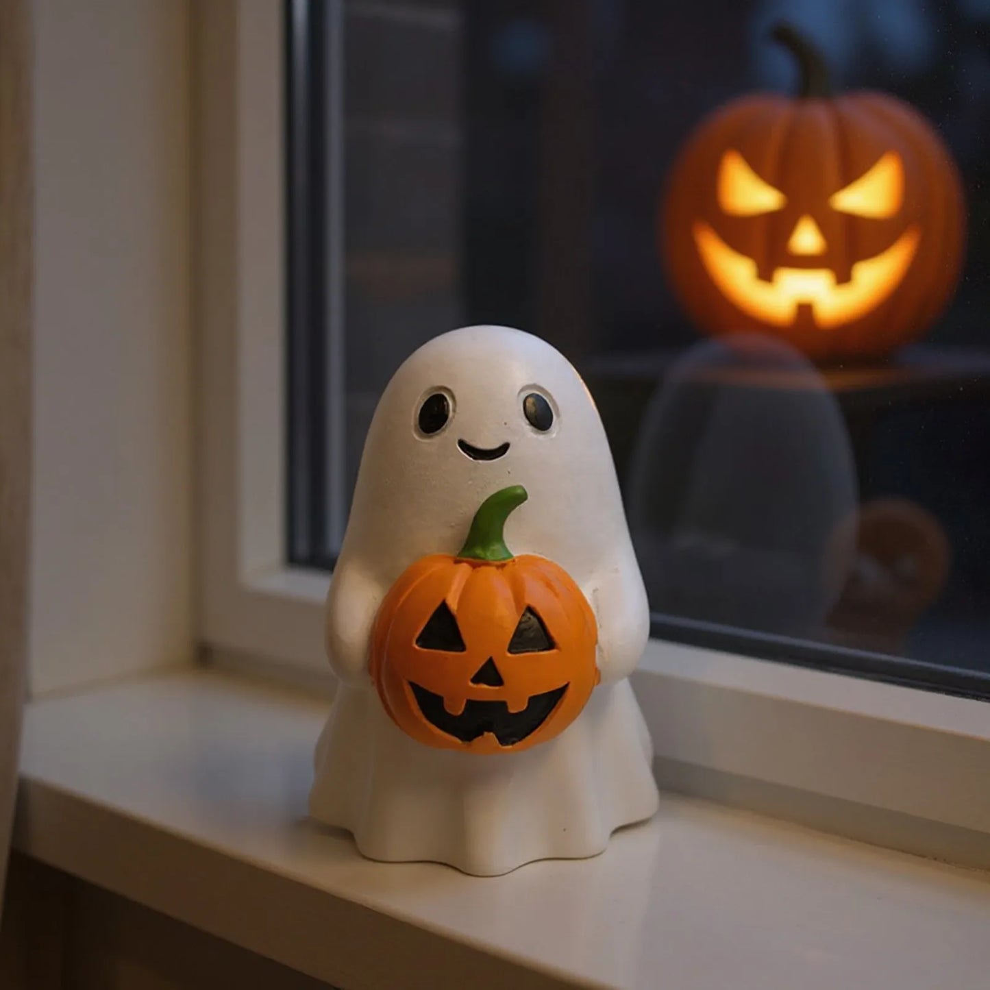 ‌Halloween Ghost Holding Pumpkin Statue Holiday Party Decor Home Desktop Sculpture Handmade Craft Spooky Collectible Gift‌