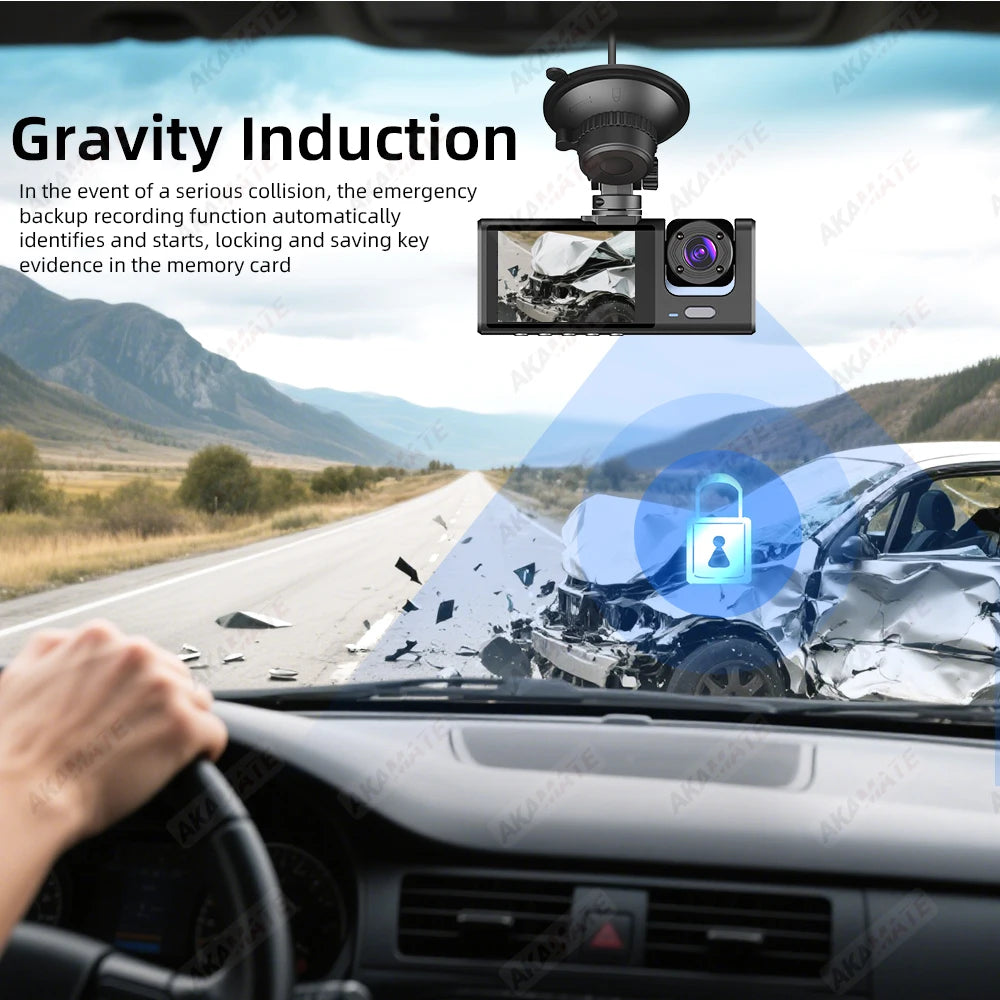 Car DVR 3 Cameras Recorder Rear Inside Vehicle 3-Lens Dash Cam Three Way Camera DVRs Dashcam 3 Channel Video Camcorde 1080P HD