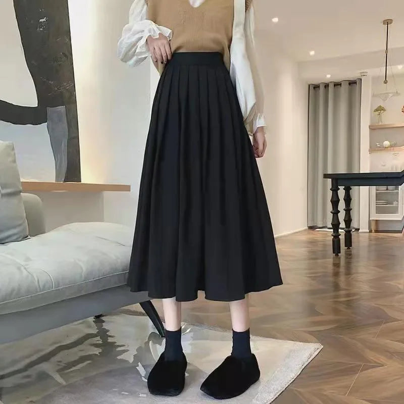 Xpqbb Korean Style Women's Midi Skirt 2025 Autumn High-Waisted Corduroy Long Skirt Women College Style Pleated A-Line Skirts