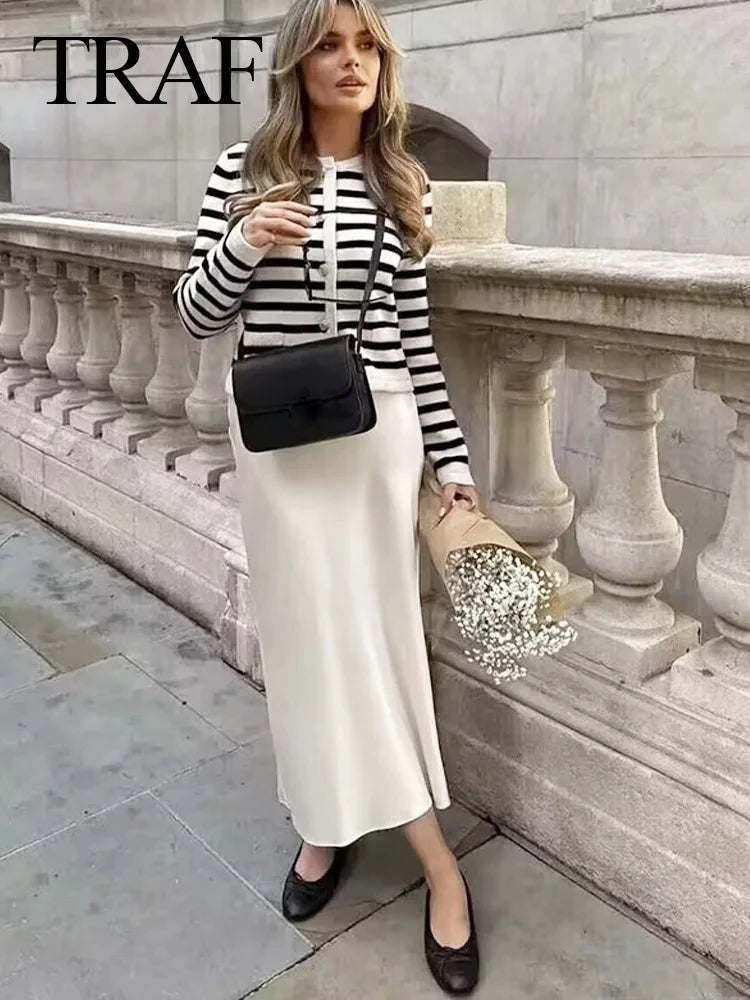 TRAFZA Women Satin Skirt High Waist Midi Skirt Stylish Long Skirts For Women Fashion Chic And Elegant Woman Skirt Streetwear