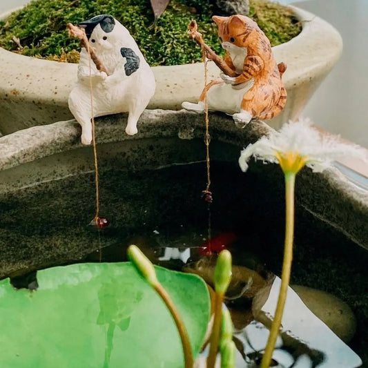 Hanging Decoration Plant Pot Aquarium Tanks Decor Fish Tank Ornaments Cat Statue Kitten Fishing Ornament Miniature Figurines