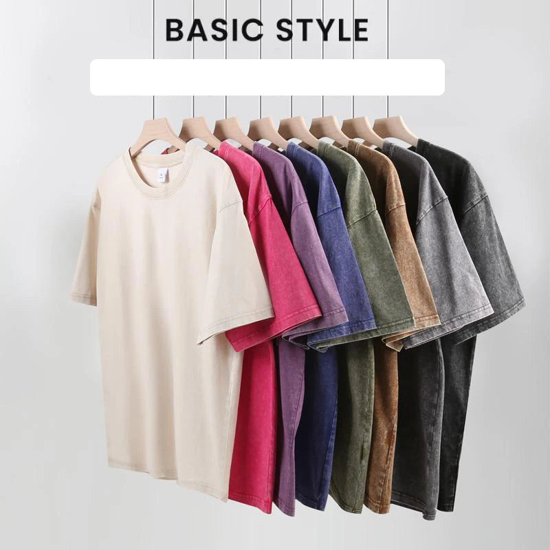 Washed Vintage T-Shirts Men's Street Hip Hop Retro Punk T Shirt Harajuku Casual 250gsm Cotton Short Sleeve Acid Wash TShirts Top