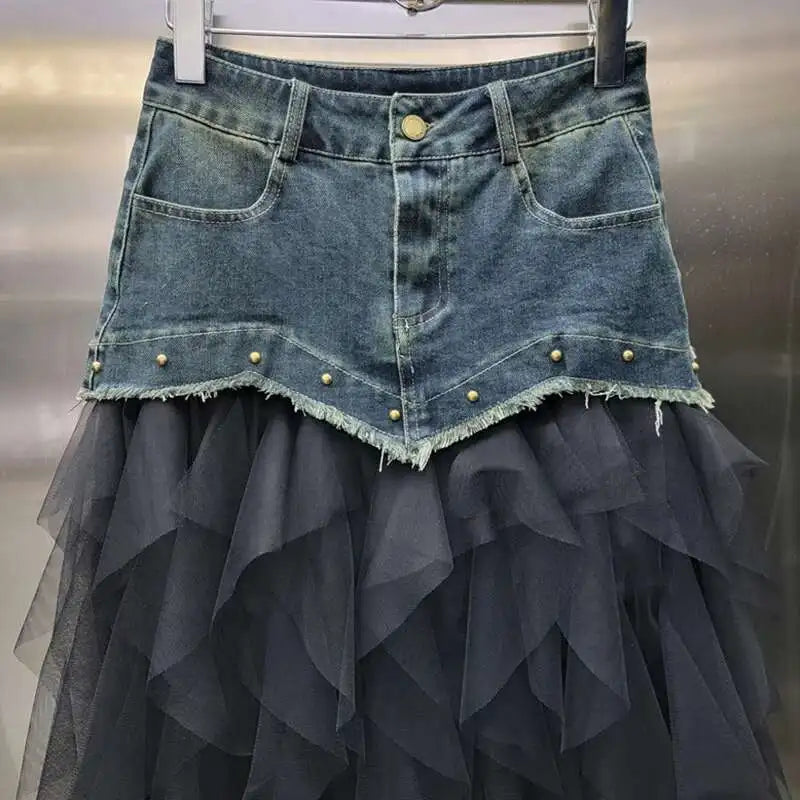 DEAT 2024 Autumn New Fashion Women's Mesh Splicing Denim Skirts High Waist A-line Irregular Long Skirt Female Trendy 33A1734
