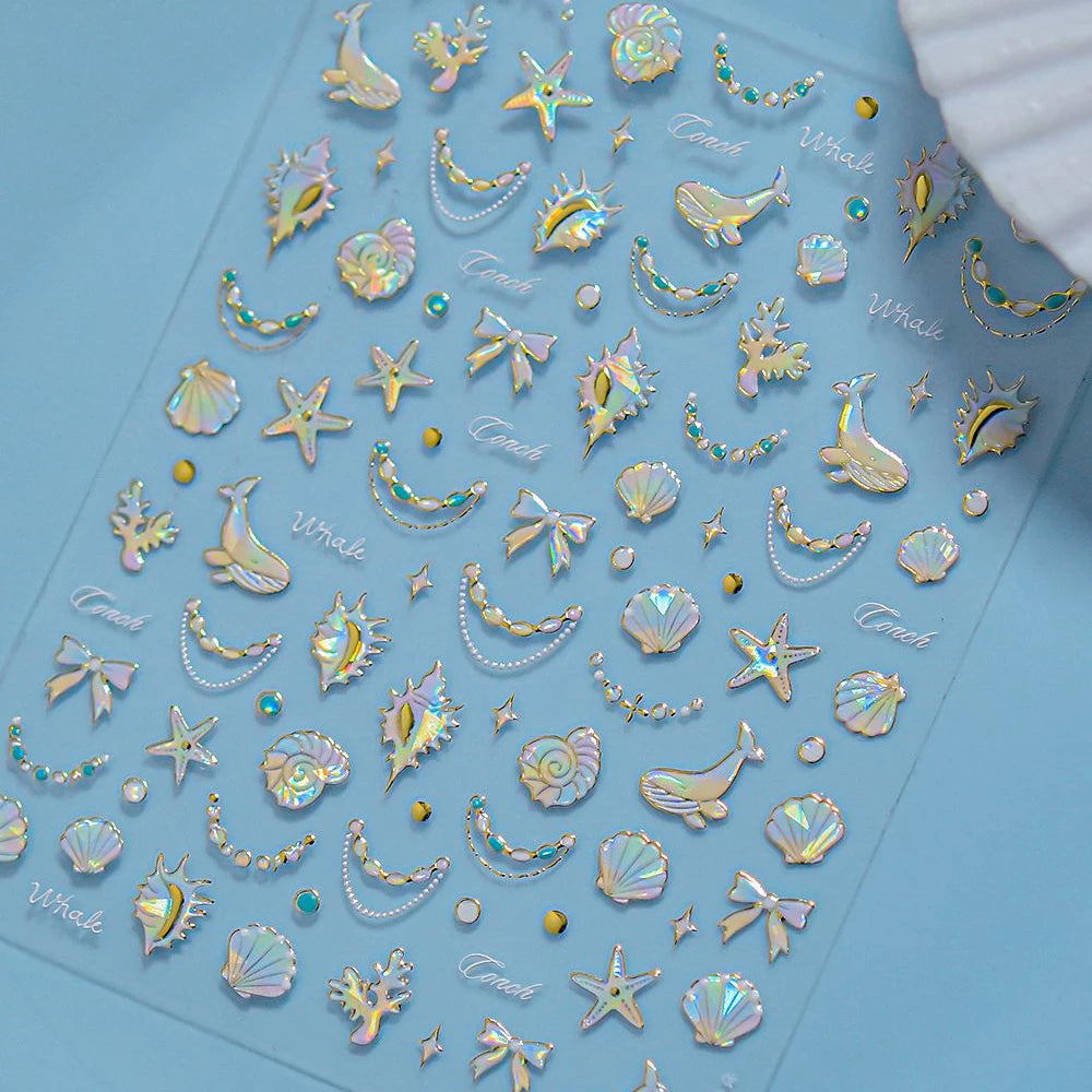 Colorful & Fun Beach Bloom Nail Art – 5D Stickers with Coral, Petals & Ocean Charms