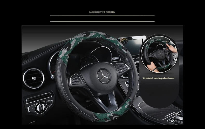 3D Camouflage Print Steering Wheel Cover  Durable Leather Cover with Anti-Slip Lining, Fit for 14.5"-14.8"