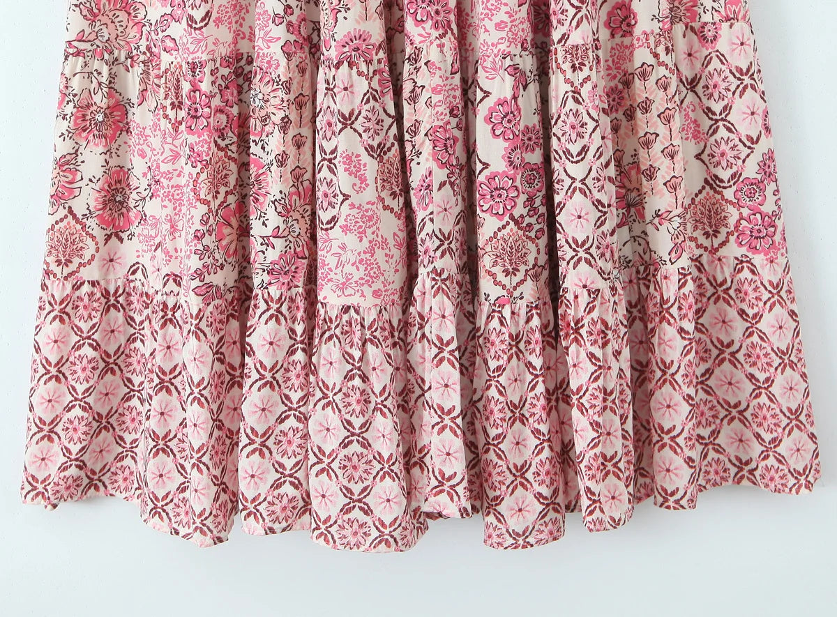 Elegant Women Holiday Wind Floral Print Tirred Ruffles Long Skirt Faldas Mujer Female Summer Elastic Waist Skirts QUN9083