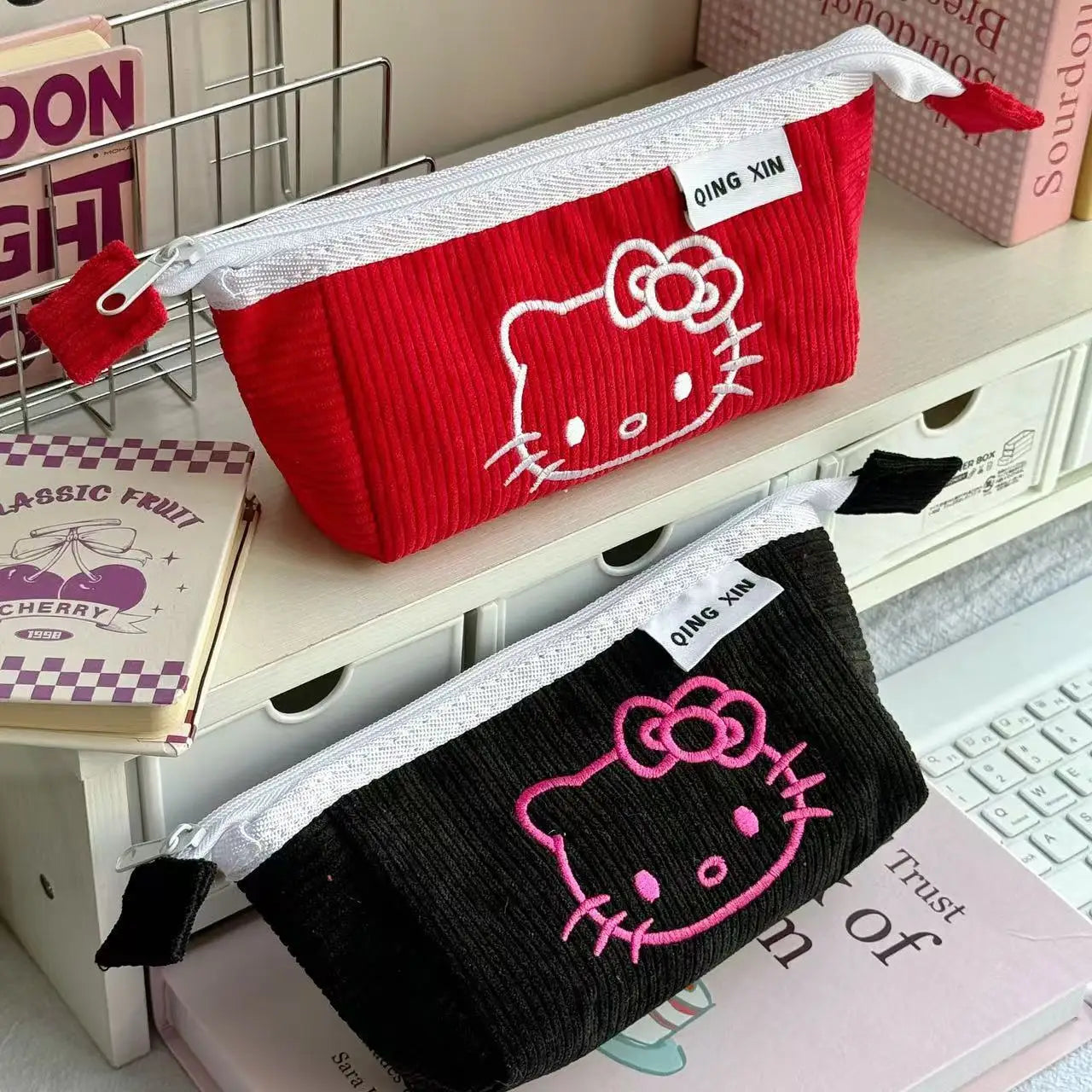 Hello Kitty Corduroy Pencil Case – 2-Layer Sanrio Stationery Organizer