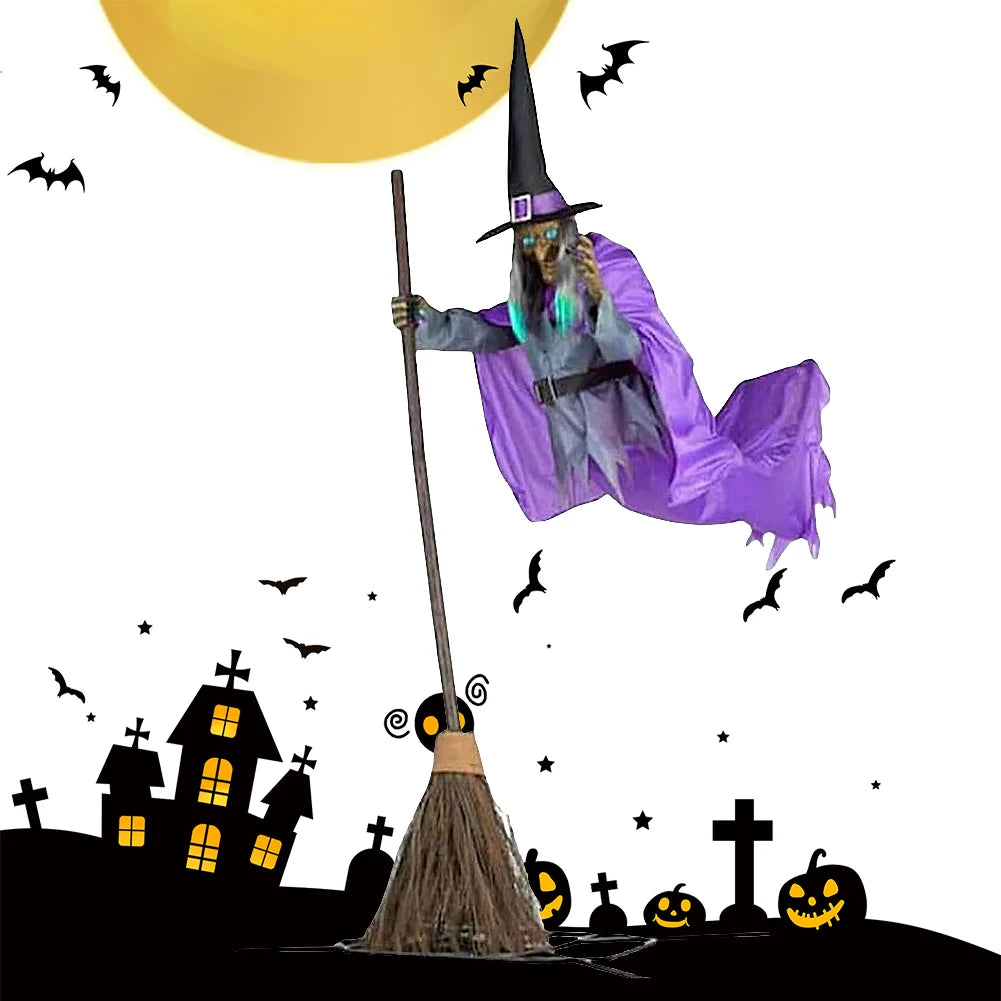 Halloween Props with Terrifying Sounds and Lights Fun Costumes Flying Scary Witch Broom Wizard Decor for Garden Yard Lawn Indoor