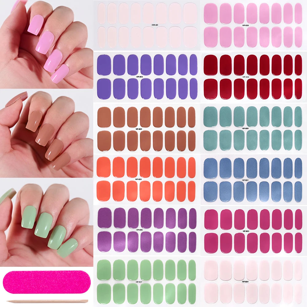Semi-Cured Gel Nail Wraps – 16 Oval Tips with Solid Colors + File & Stick Kit