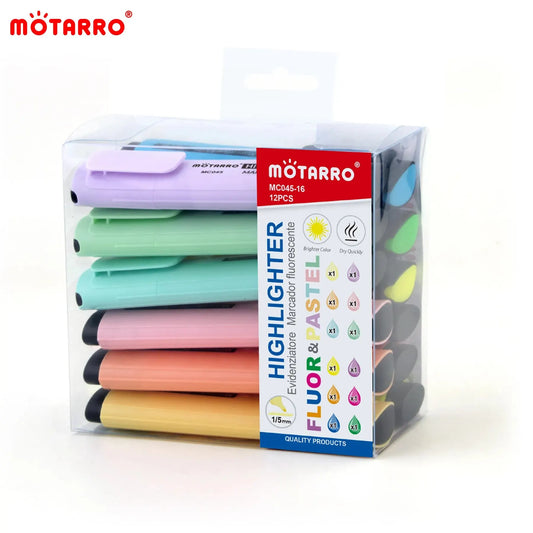 MOTARRO 12Pcs Pvc Box Markers Fluorescent Colors Tiny Highlighter Pen Chisel Tip Cute Kawaii Design for Writing Graffiti Drawing