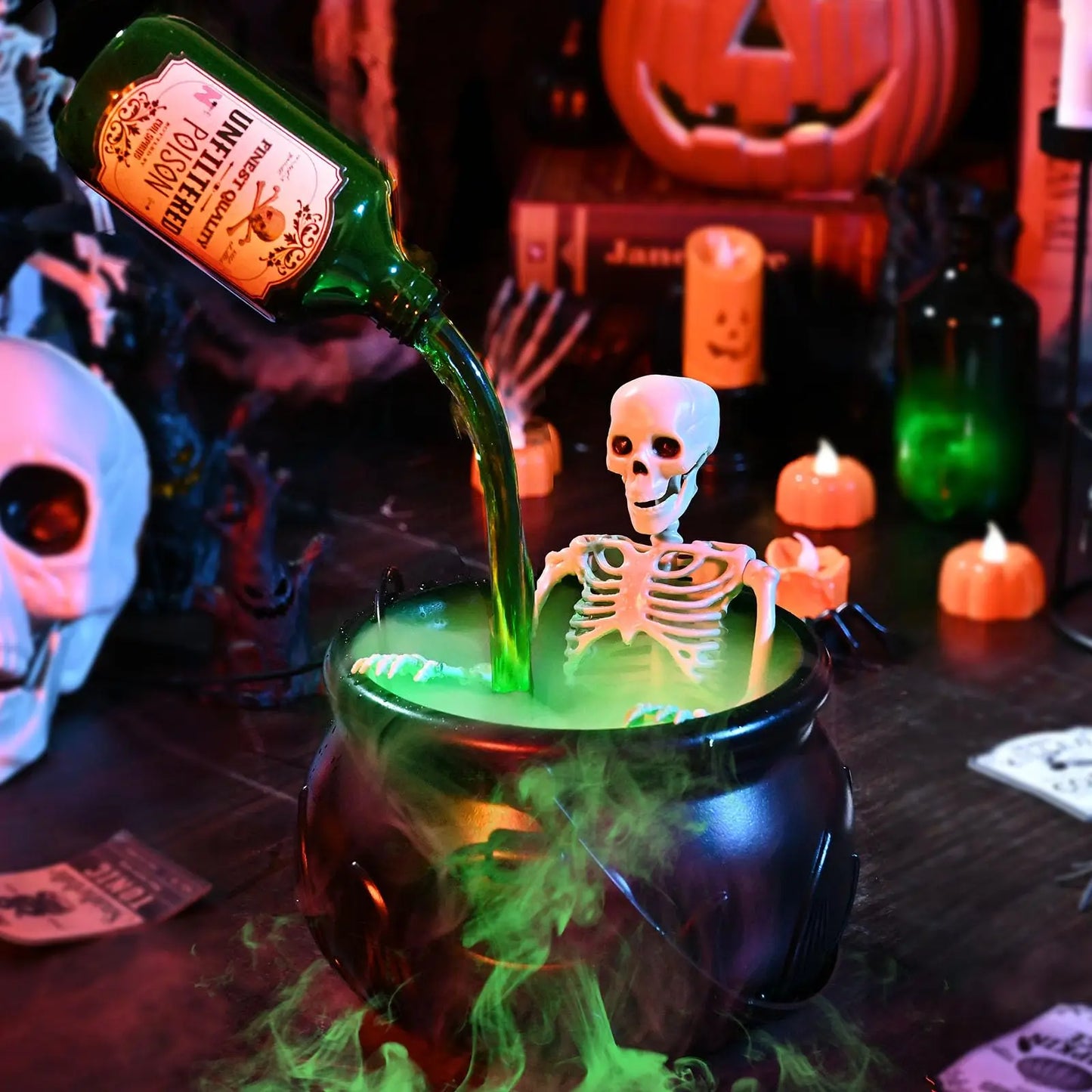 Halloween WitchCauldron with LED Light & Fog Mist Maker  Skeleton Decor for Spooky Hocus Pocus Party, Home, Halloween Party