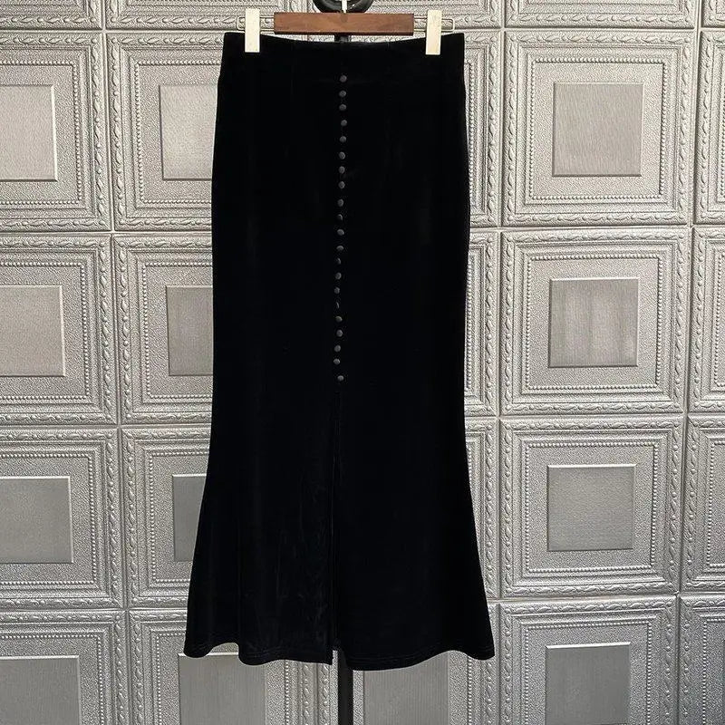 2025 Faldas Mujer De Moda Vintage Long Skirt High Waist A-line Velvet Jupe Fashion Single Breasted Long Skirts Temperament Saia