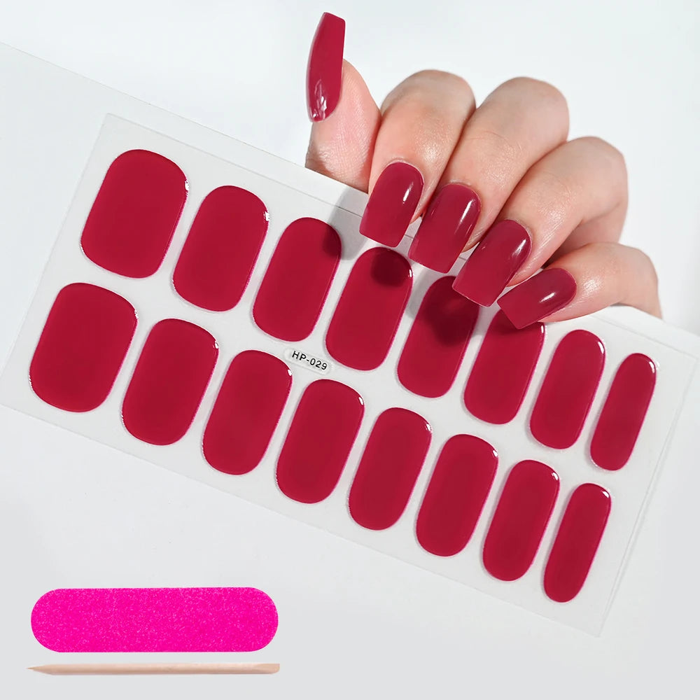 Semi-Cured Gel Nail Wraps – 16 Oval Tips with Solid Colors + File & Stick Kit