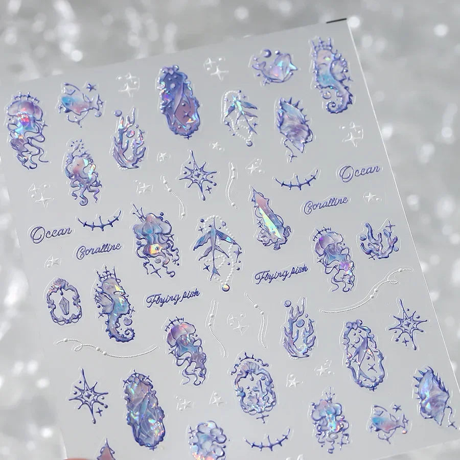 Colorful & Fun Beach Bloom Nail Art – 5D Stickers with Coral, Petals & Ocean Charms