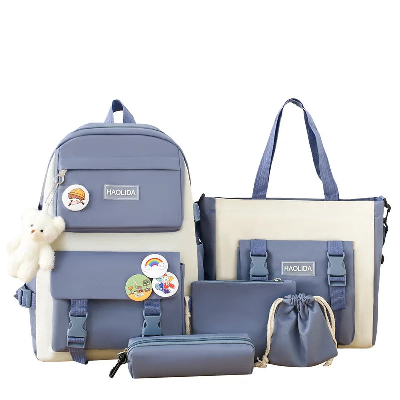 Autumn New Canvas Backpack Women's Korean Version Large Capacity Five-Piece Set Middle School Student Backpack College Student S