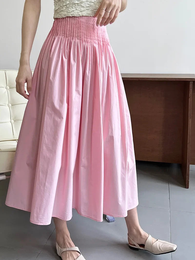 Elegant High-Waisted Pink A- Line Skirt Sweet Umbrella Design Sensibility Plenty of Pleats Medium-Length Women's Fashion