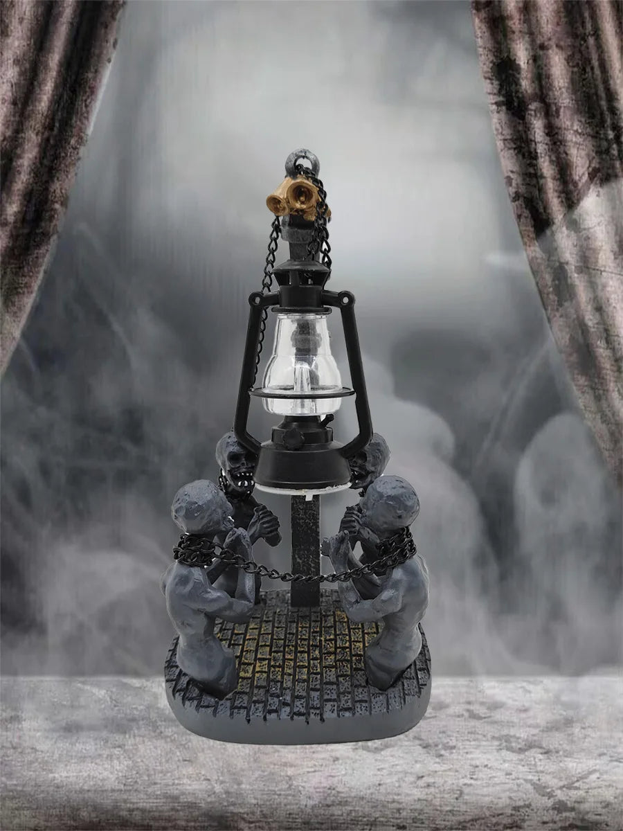 Halloween Retro Oil Lamp Decor，Resin Hell Ghost Statues，Gothic Evil Ghost Chain Coal Oil Lamp，Halloween Skull Home   Decoration.
