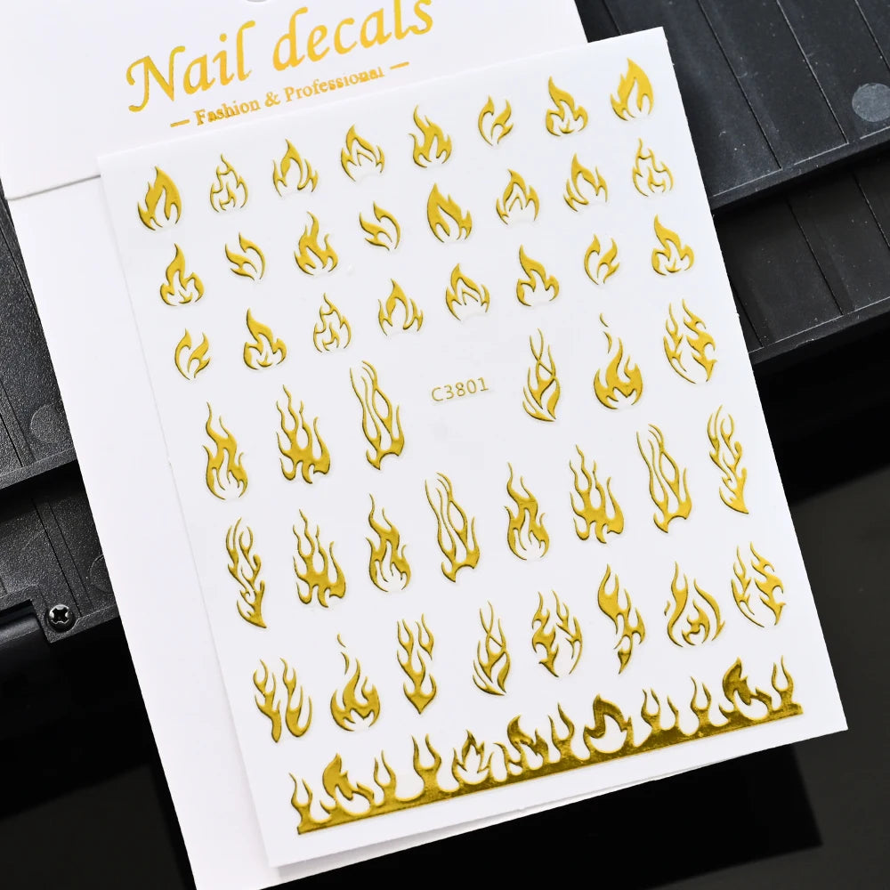Glitter Flame Nail Art Set – Self-Adhesive Silver Stickers with Butterfly Foil for Manicure Magic