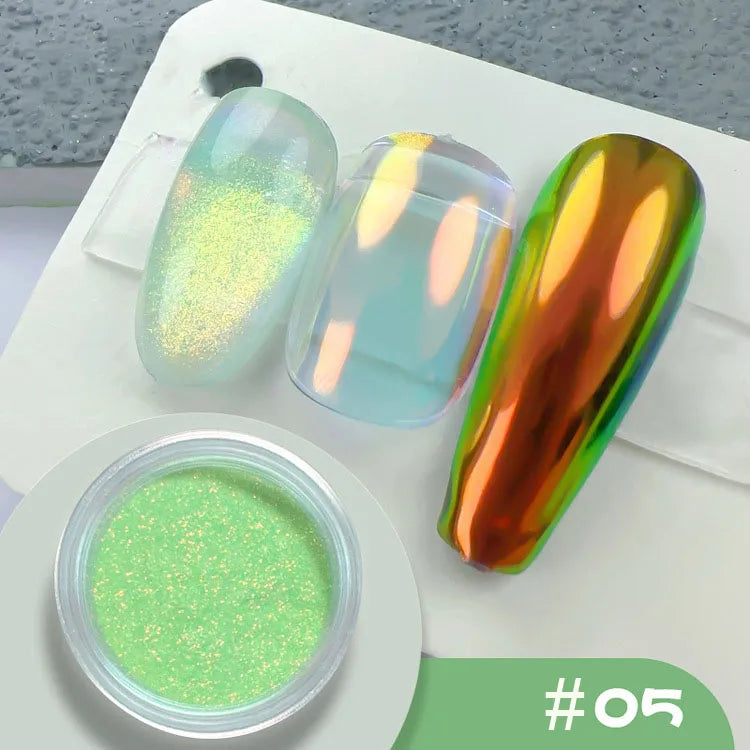 Aurora Holographic Nail Art Powder – Chrome Mirror Effect Glitter for UV/LED Nails
