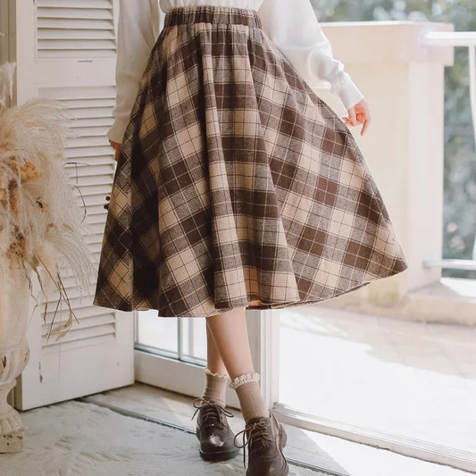 2025 Autumn Winter Elegant Women Skirts Vintage Plaid Woolen Woven High Quality High-waisted Vintage Sweet Female Skirt Woman