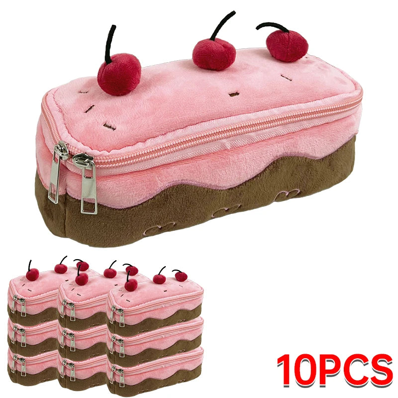 Plush Cherry Cake Pencil Case – Cute Large Capacity Kawaii Pouch for Girls, Kids & Back-to-School Accessories