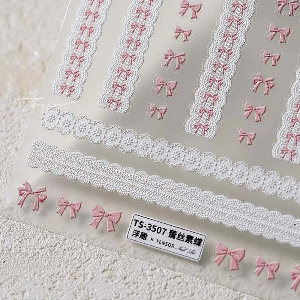 Sweetheart Bow Nail Decals – Pearl Lace Stickers in Romantic Shades
