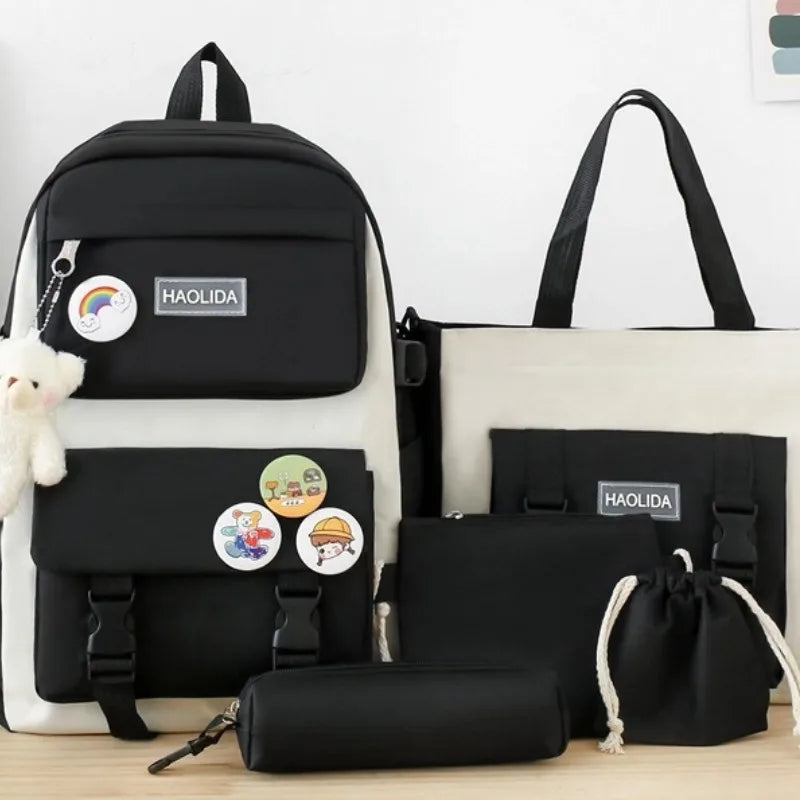 Autumn New Canvas Backpack Women's Korean Version Large Capacity Five-Piece Set Middle School Student Backpack College Student S