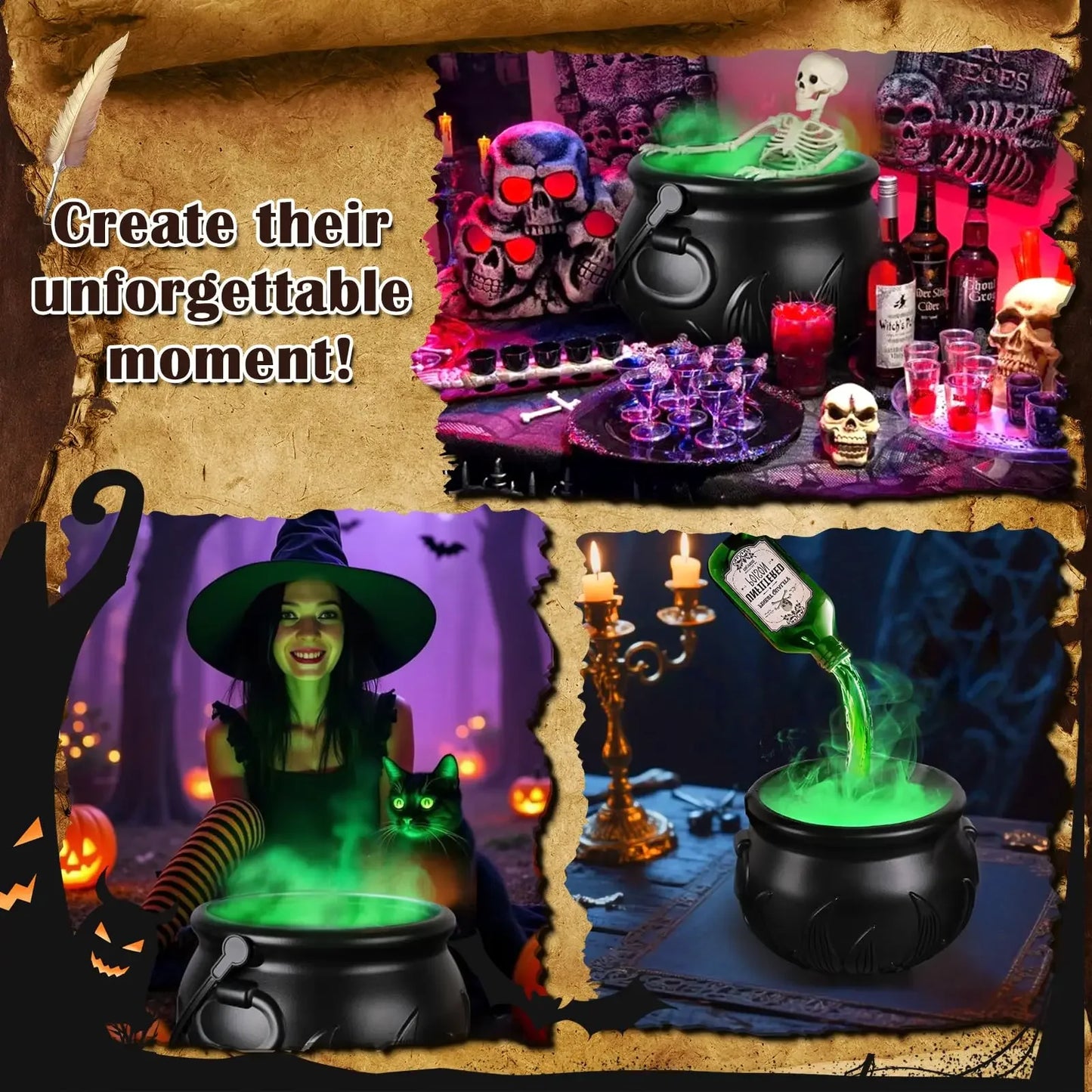 Halloween WitchCauldron with LED Light & Fog Mist Maker  Skeleton Decor for Spooky Hocus Pocus Party, Home, Halloween Party