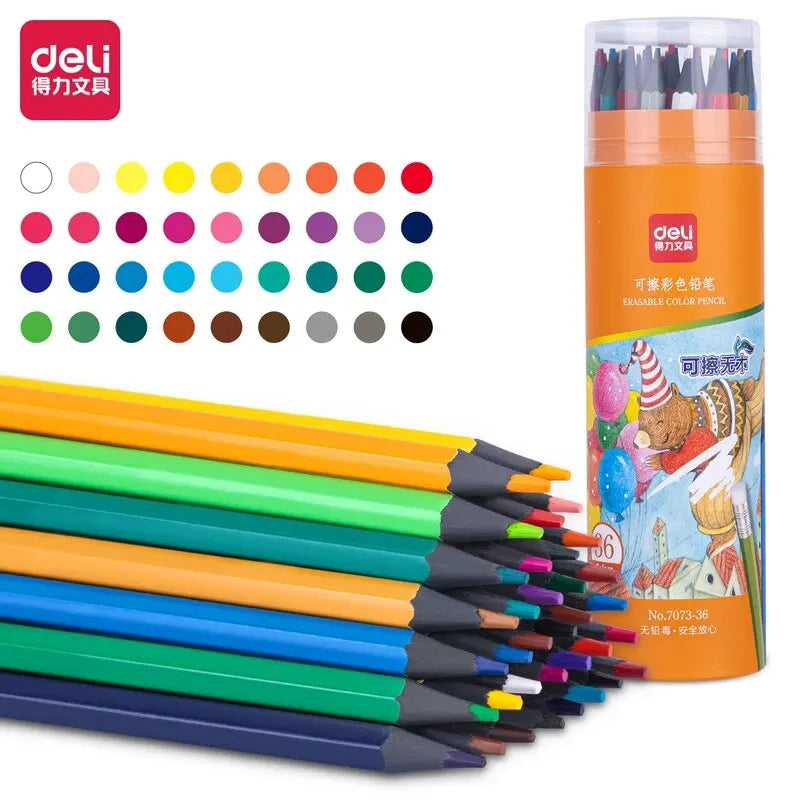 Deli Oily Colored Pencil Set – 24/36/48 Colors in Barrel for Students, Artists & Sketching Fun