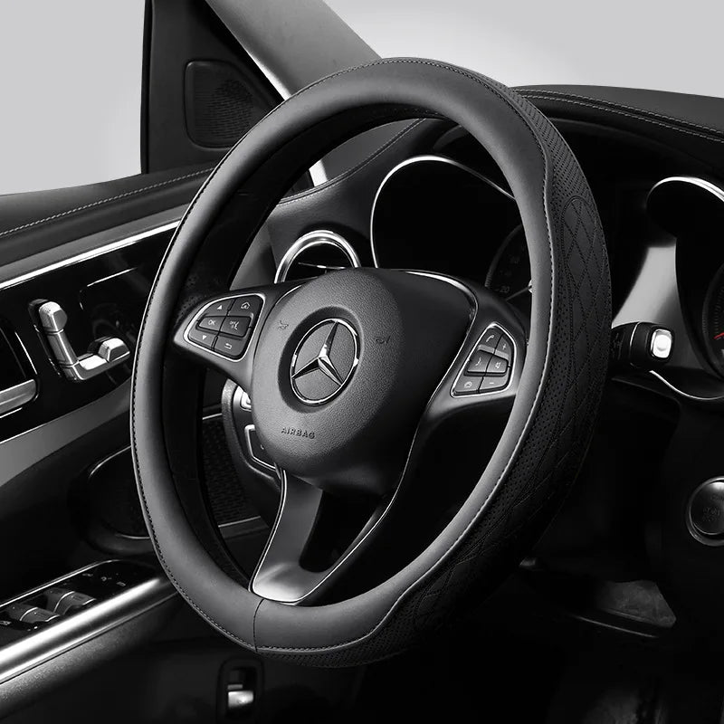 Napa Leather Perforated Patchwork Car Steering Wheel Cover, Non-slip, Breathable, Universal 15 Inch (Approx. 38cm)