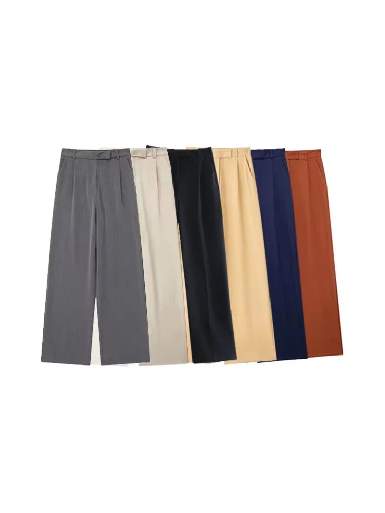 TRZA Women Fashion With Darts Front Pockets Wide Leg Pants Vintage High Waist Zipper Fly Female Trousers Mujer