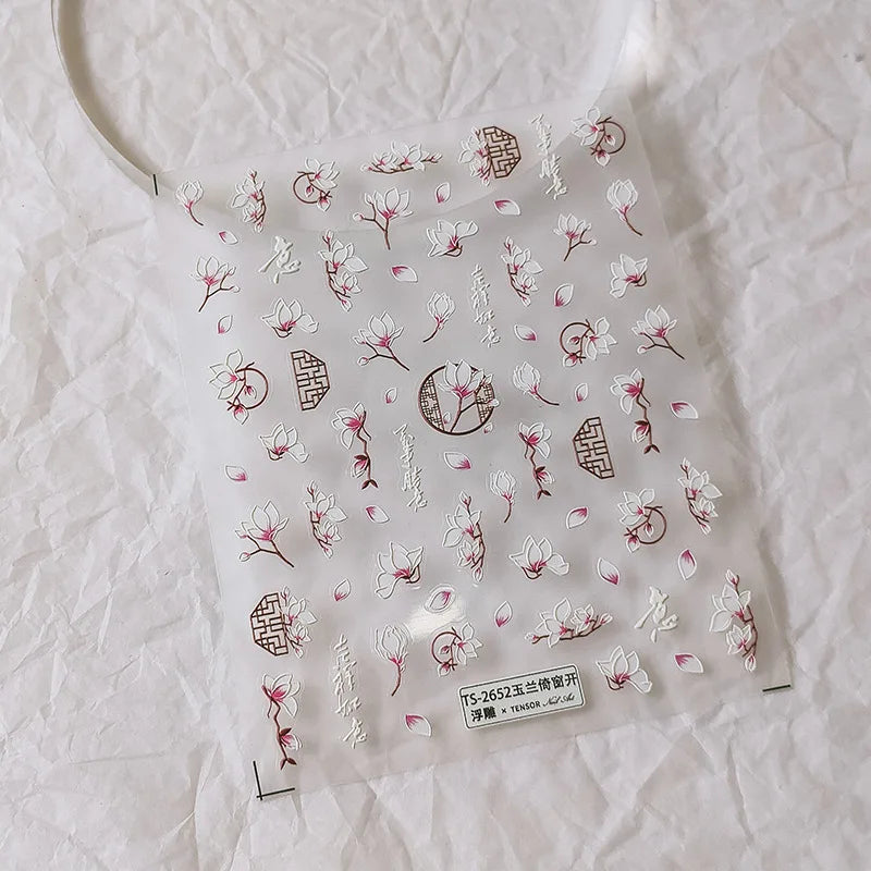 5D Magnolia Nail Art – Soft White Florals with Embossed Texture