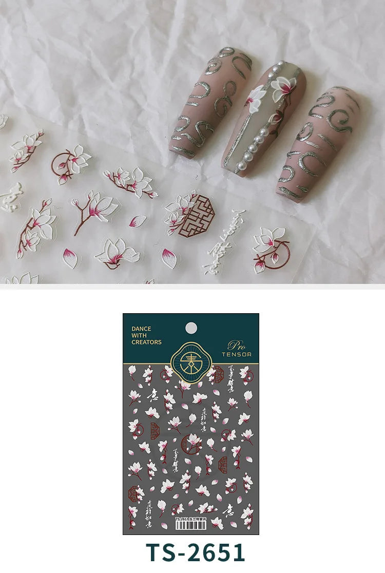 5D Magnolia Nail Art – Soft White Florals with Embossed Texture