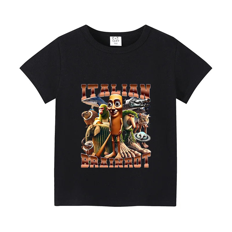 Italian Brainrot Animals Kids Cotton T-shirt Cappuccino Assassino  Tops for Kids Funny Cartoon Print Cute Tee Summer Clothing