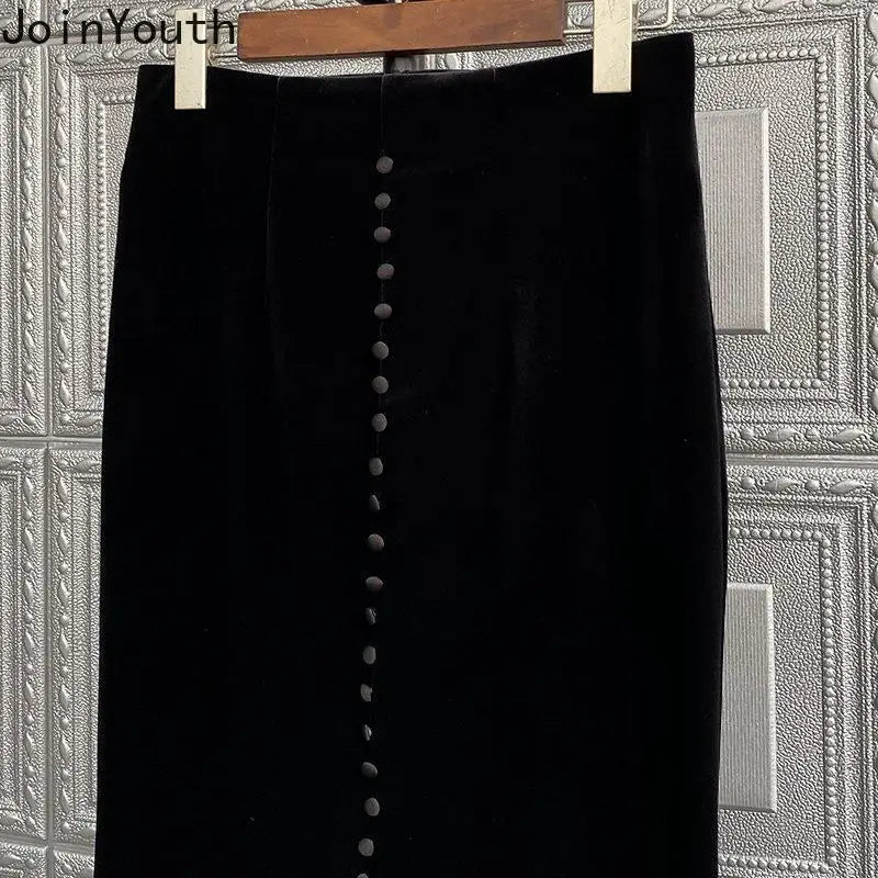 2025 Faldas Mujer De Moda Vintage Long Skirt High Waist A-line Velvet Jupe Fashion Single Breasted Long Skirts Temperament Saia