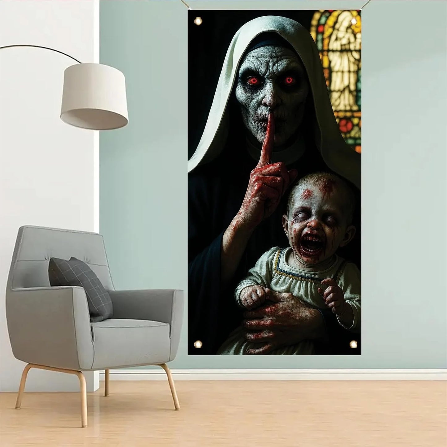 One Halloween door decoration, a terrifying zombie peeping banner, eerie monsters, a front door curtain, terrifying decorations