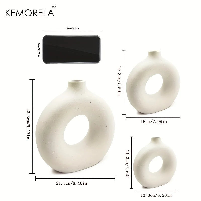 Nordic Style Ceramic Donut Shaped Vase Hollow Circular Flower Pot for Home Living Room Office Desktop Decorative Accessory Gift