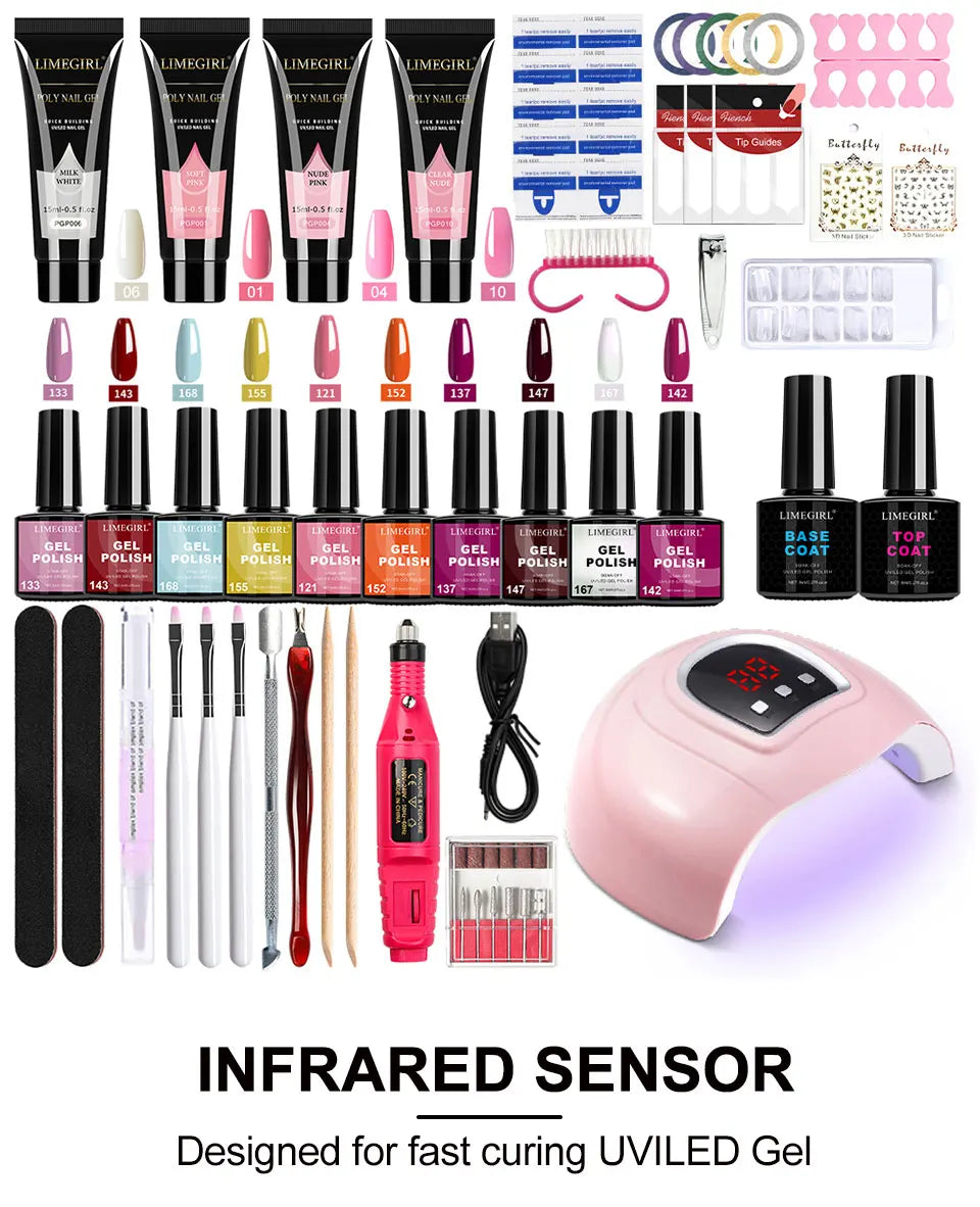 LIMEGIRL Gel Nail Kit – UV Lamp, Electric Drill & Full Tool Set for Salon-Quality Nails
