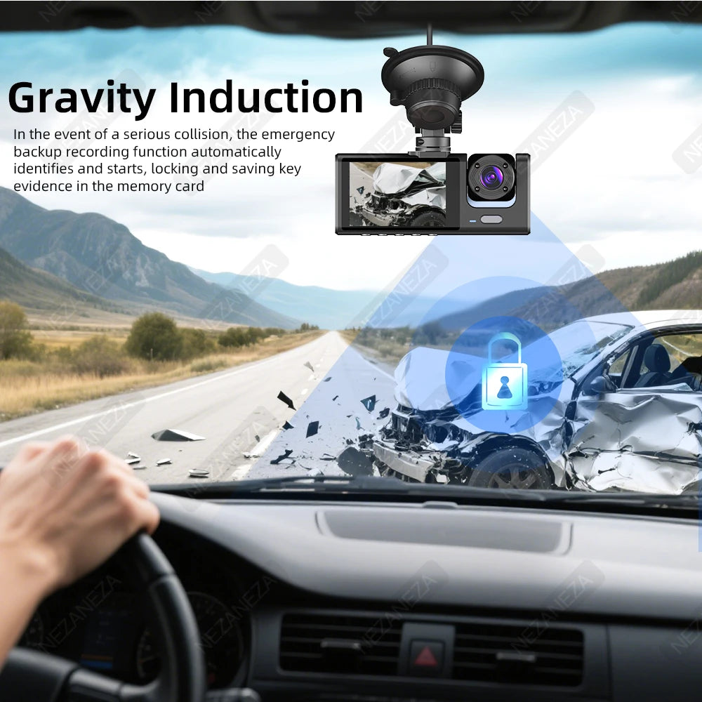 1080P DVR Car Recorder HD 3-Lens Inside Infrared Night Vision 3 Cameras Gravity Sensor Universal IPS Safe Driving Video Recorder