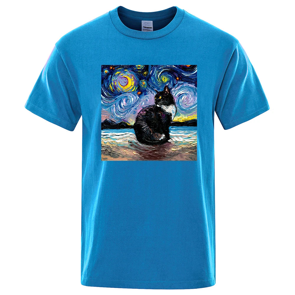 Cat Starry Sky Universe Funny Tshirt Men Casual Breathable Summer Tshirts Oversized Loose T Shirt Brand Cotton Clothing Man