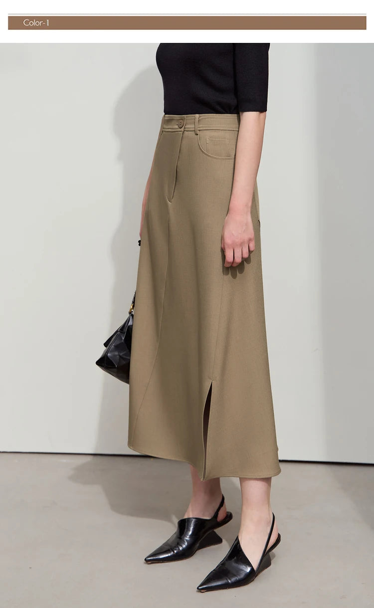 Amii Minimalist Spring New Commuter Asymmetrical Oblique Placket Split Skirt Non Ironing Anti Wrinkle A Shape Skirt 12551003