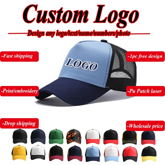 Custom Logo Print Basic Solid Color Mesh Breathable Baseball Cap Summer Sunshade Mesh 5 Panels Truck Driver Cap Wholesale