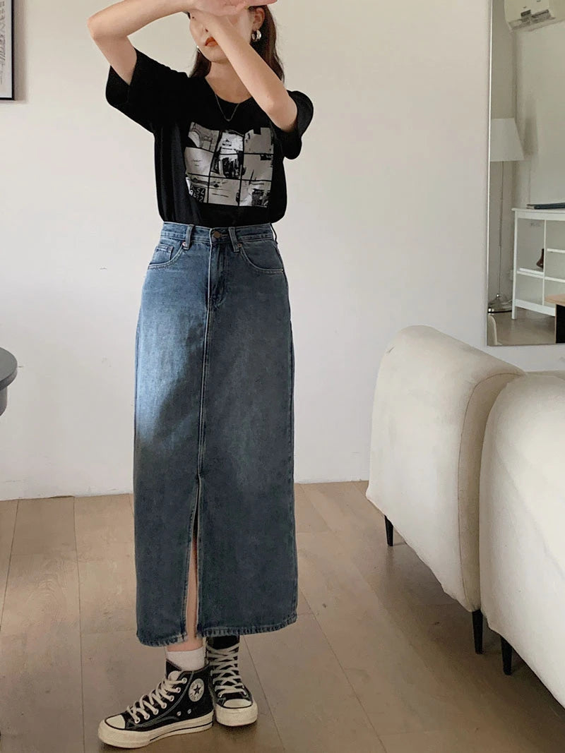 Women's Denim Wrap Skirts Retro High Waisted Split A-line Denim Skirt Autumn Fashion Straight Skirt Female