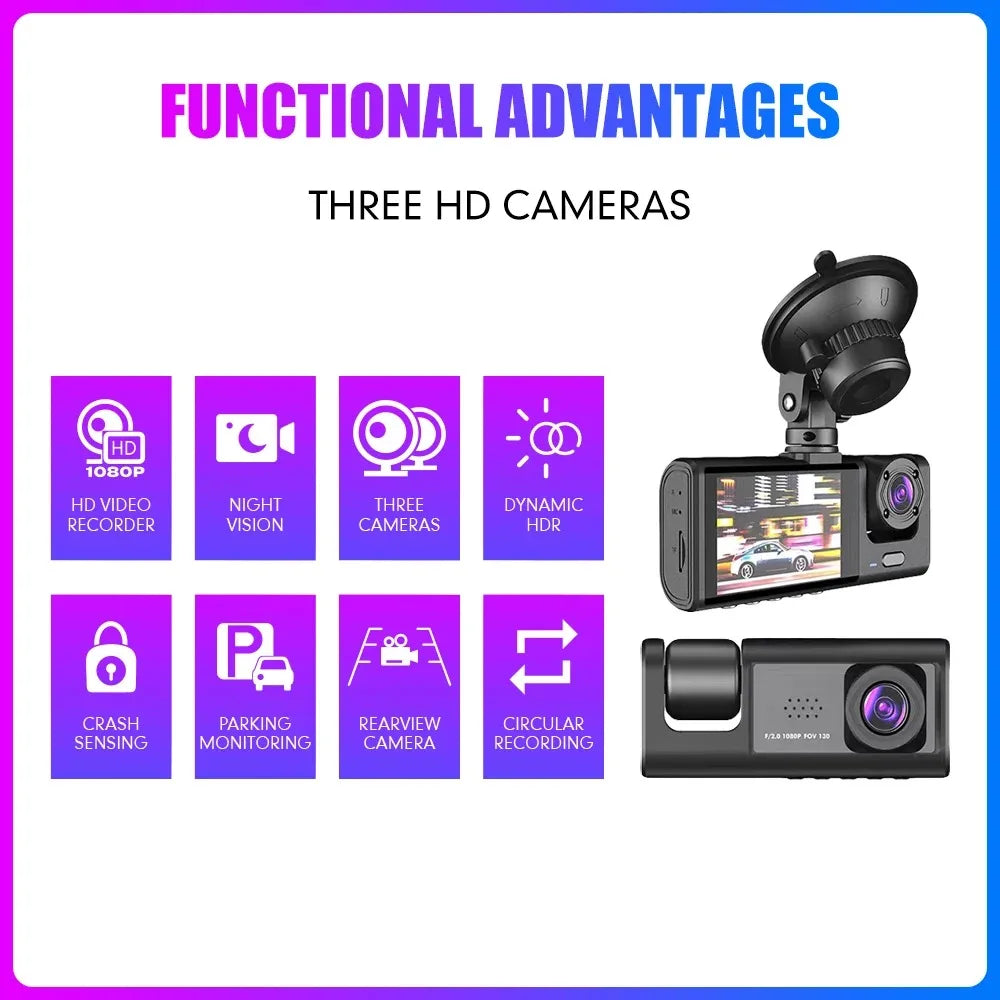 Car DVR HD 1080P tachograph 3 lens 2.0-inch IPS recorder tachograph Rearview mirror Driving recorder night vision