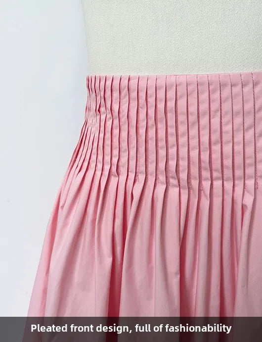 Elegant High-Waisted Pink A- Line Skirt Sweet Umbrella Design Sensibility Plenty of Pleats Medium-Length Women's Fashion