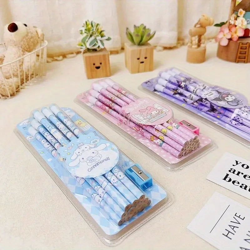 Sanrio HB Pencil Set – 12 Cute Cinnamoroll & Kuromi Pencils + 1 Roller Box for Writing & Drawing Fun