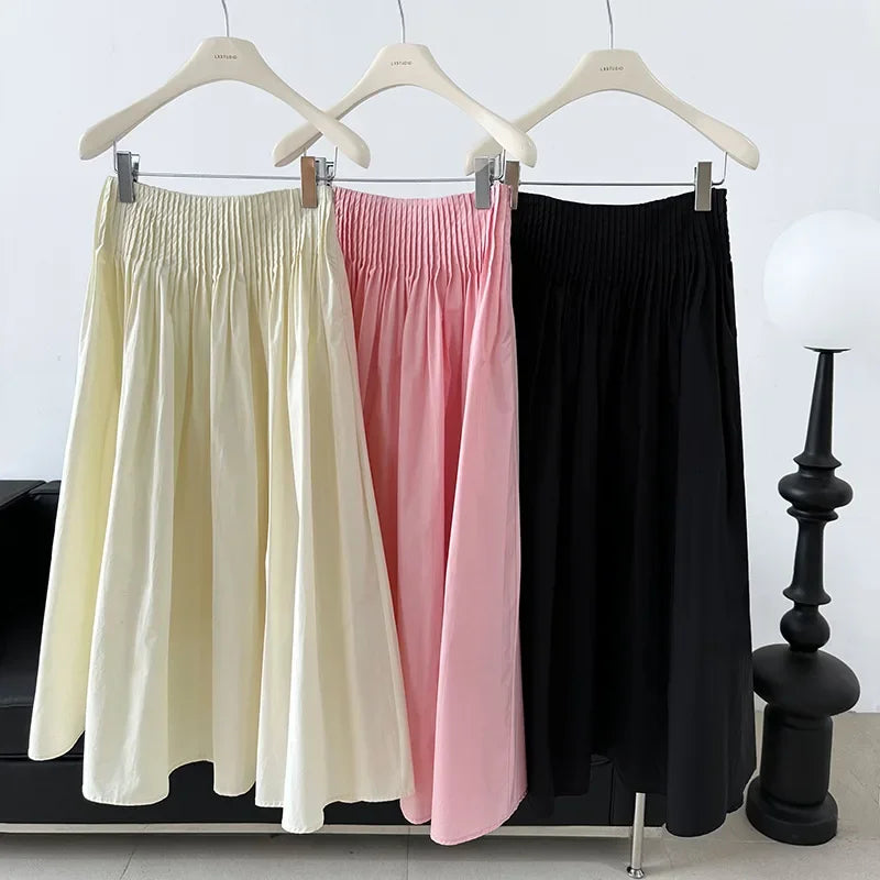 Elegant High-Waisted Pink A- Line Skirt Sweet Umbrella Design Sensibility Plenty of Pleats Medium-Length Women's Fashion