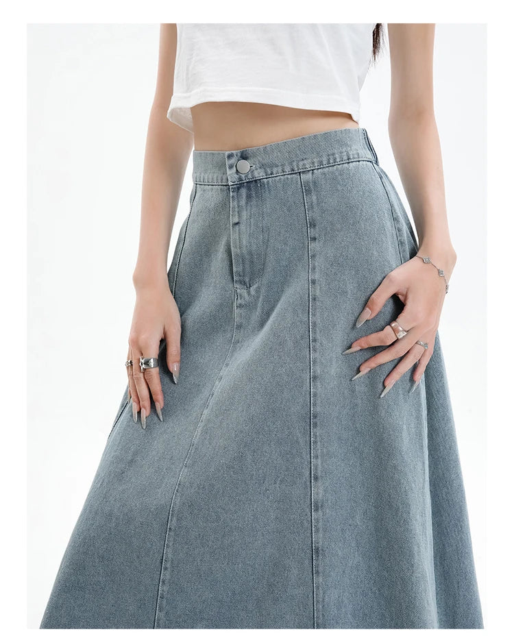 Long Denim Skirt Women 2024 Spring Summer New Arrivals High Elastic Waist A Line Jeans Skirts Korean Fashion Casual Blue Skirts