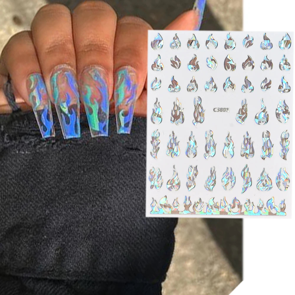 Glitter Flame Nail Art Set – Self-Adhesive Silver Stickers with Butterfly Foil for Manicure Magic